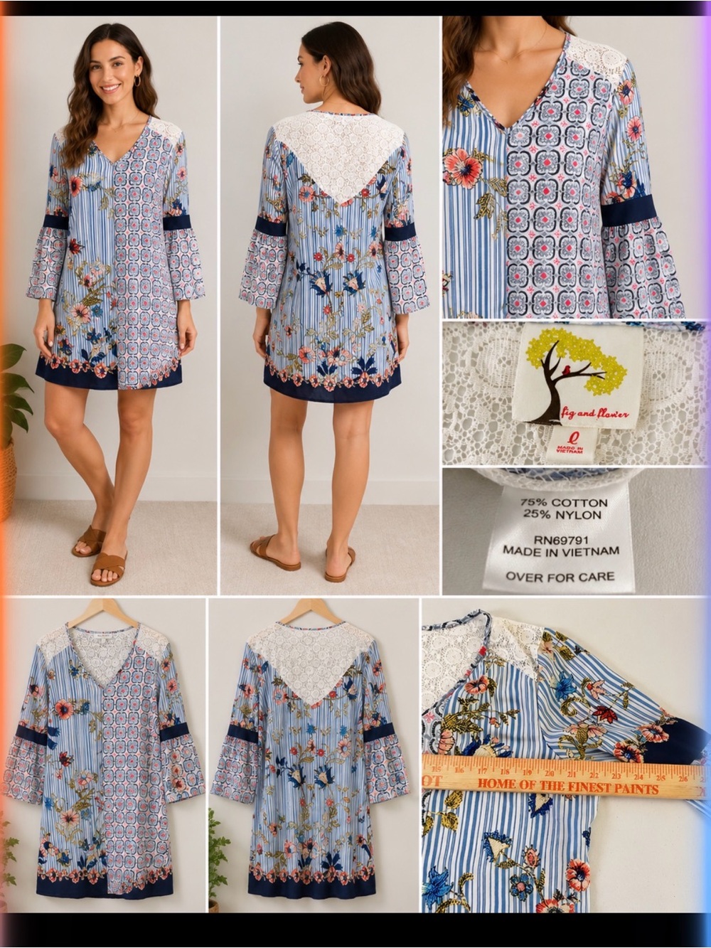 fig and flower Blue Floral Patchwork Midi Dress size Large
